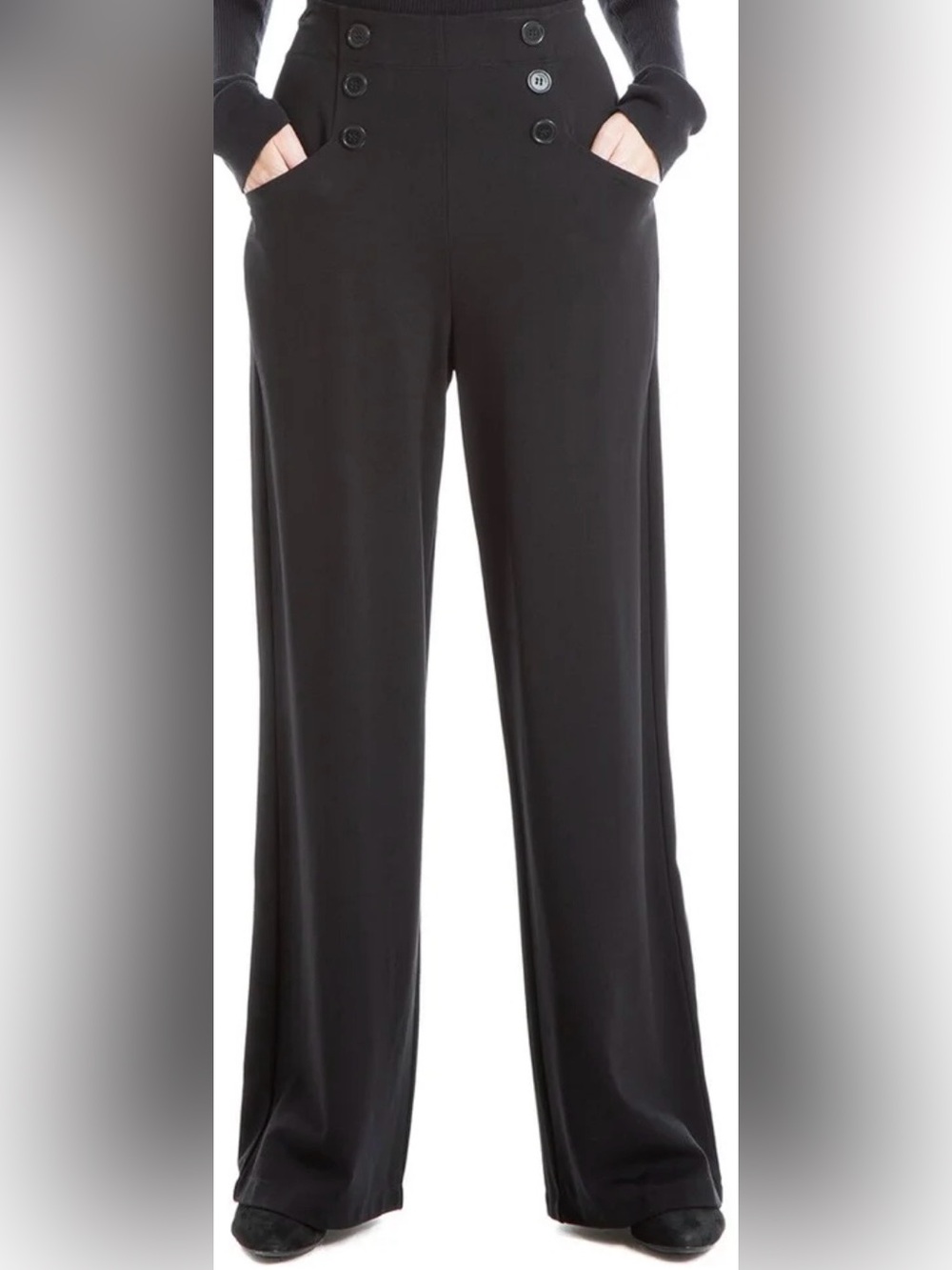 High-Waist Wide Leg Black Sailor Pants with 3 Black Buttons on Each Side